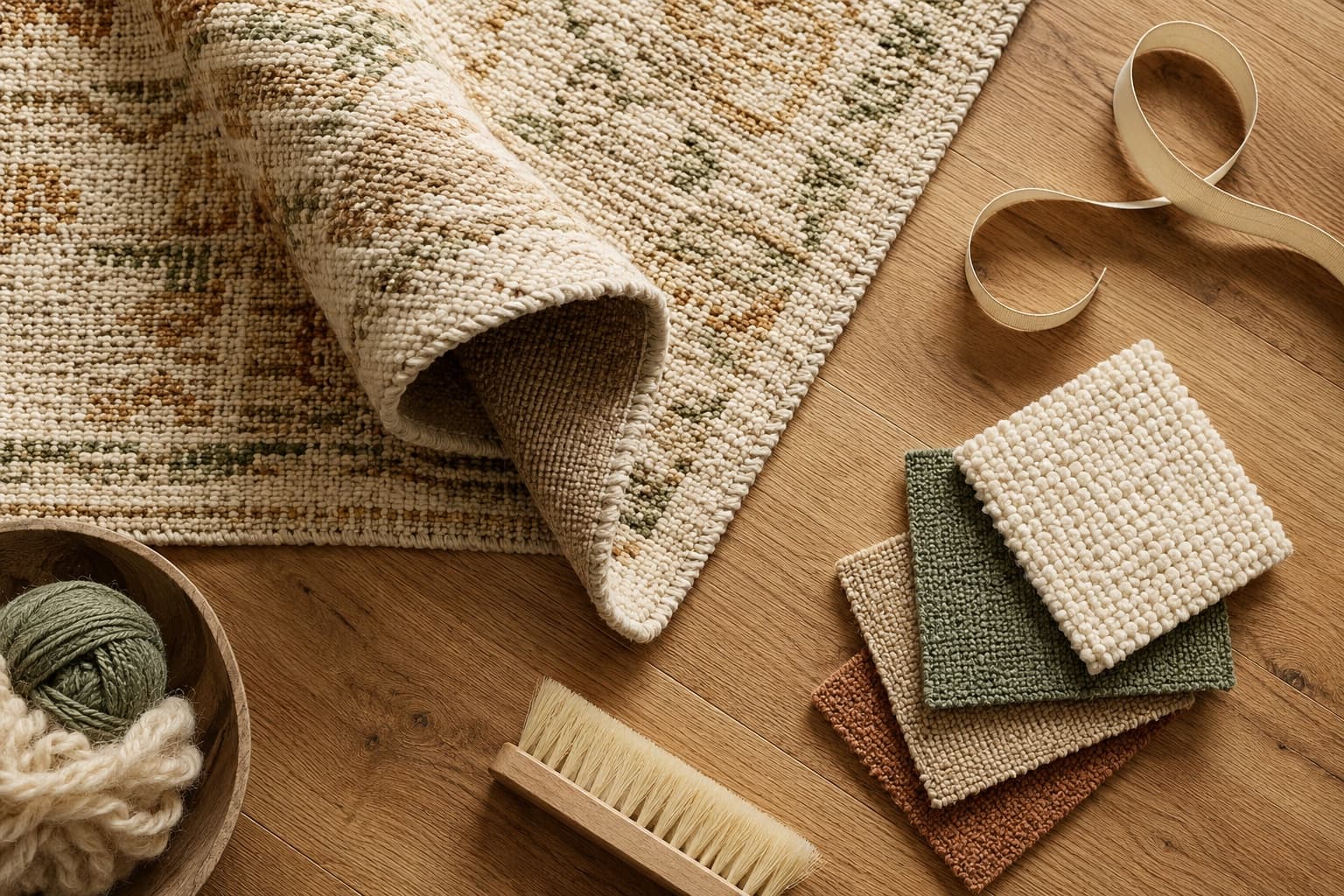 A folded rug corner, a measuring tape, fibre swatches and a care brush arranged on a warm oak surface