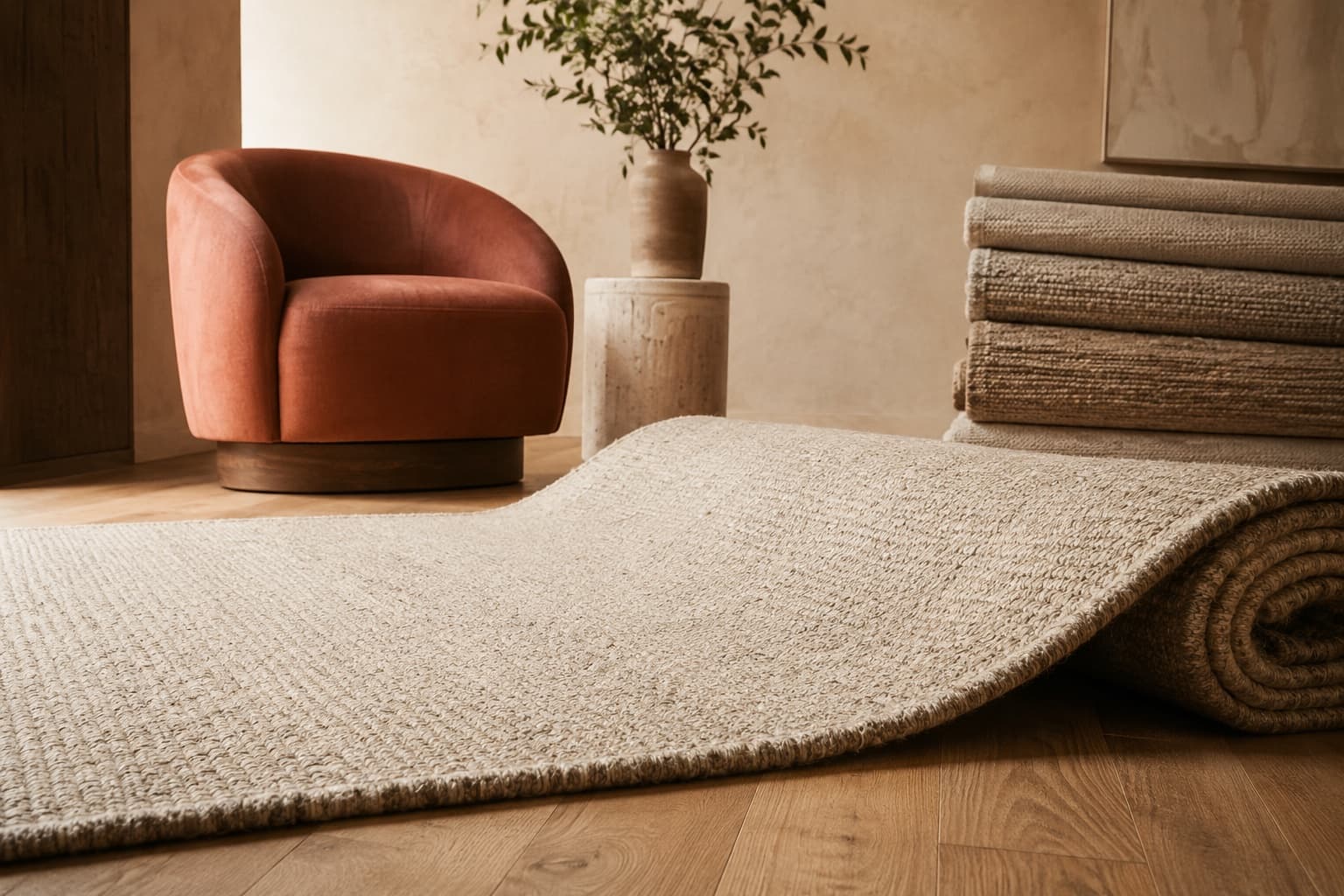 A handwoven oatmeal rug unrolled across a warm oak floor beside a clay lounge chair and a stack of rolled rugs