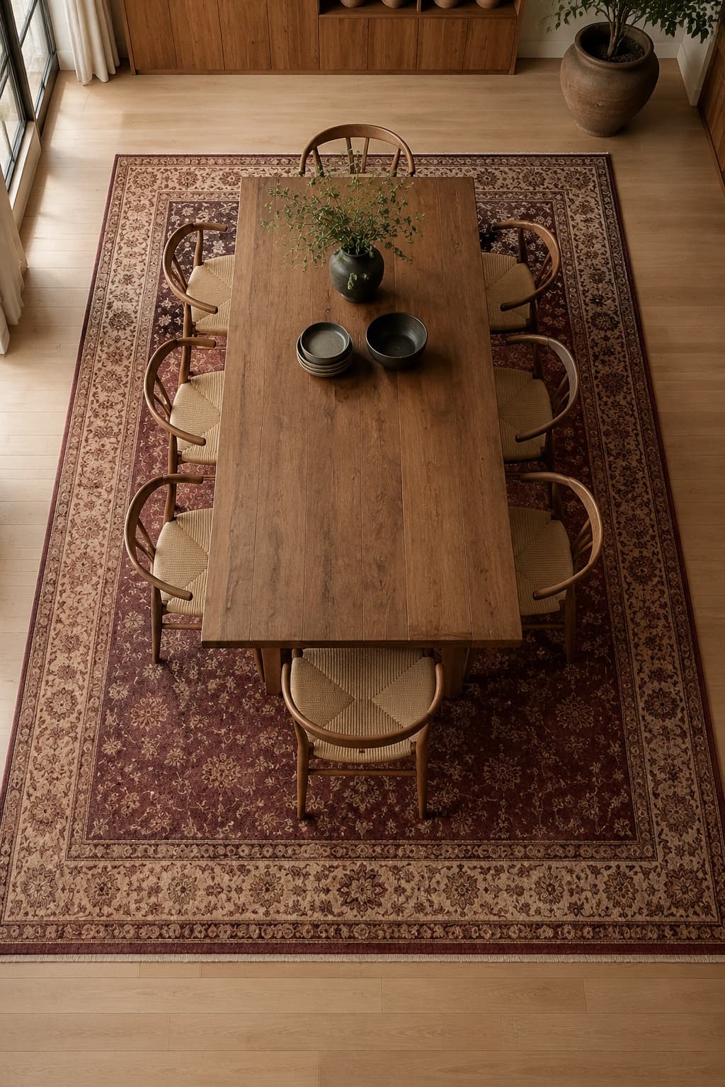 Dining Room Set — 9×12 ft stain-resistant dining rug + weighted grip pad, styled in a dining setting