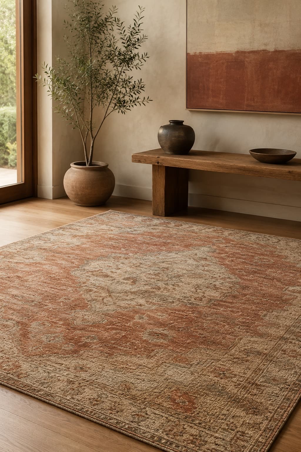 Halcyon Hand-Knotted Rug — hand-knotted rug 5×8 ft + deep-cushion rug pad, styled in a quiet room setting