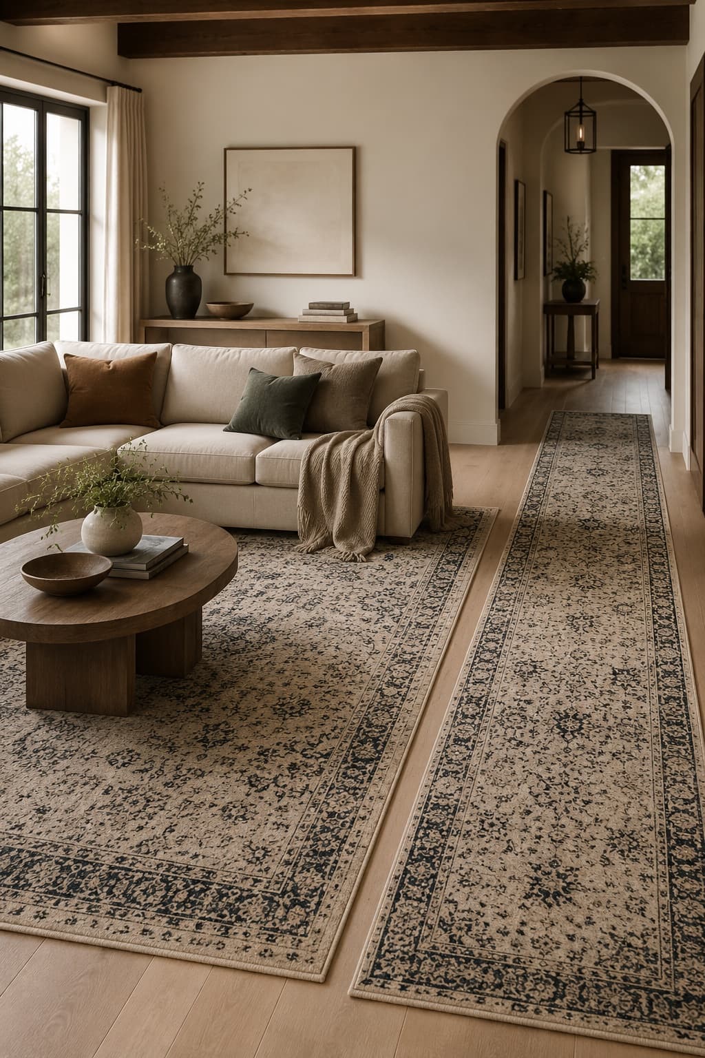 A living room layered with a large area rug and a coordinating runner in oat and ink tones