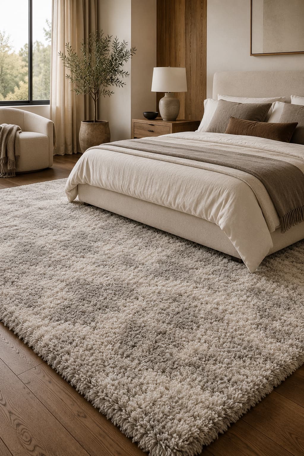 Nimbus Plush Shag Set — plush shag rug 8×10 ft + memory-foam rug pad, styled in a bedroom setting