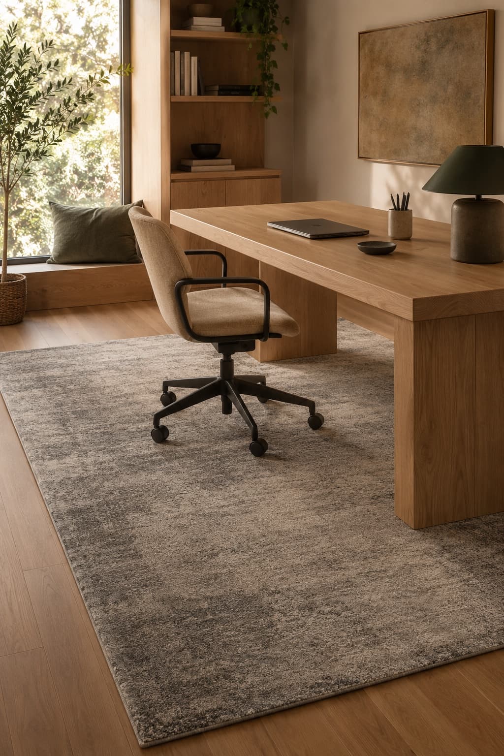 Home Office Grounding Set — 5×8 ft low-pile office rug + chair-caster suitable underlay, styled in a workspace setting