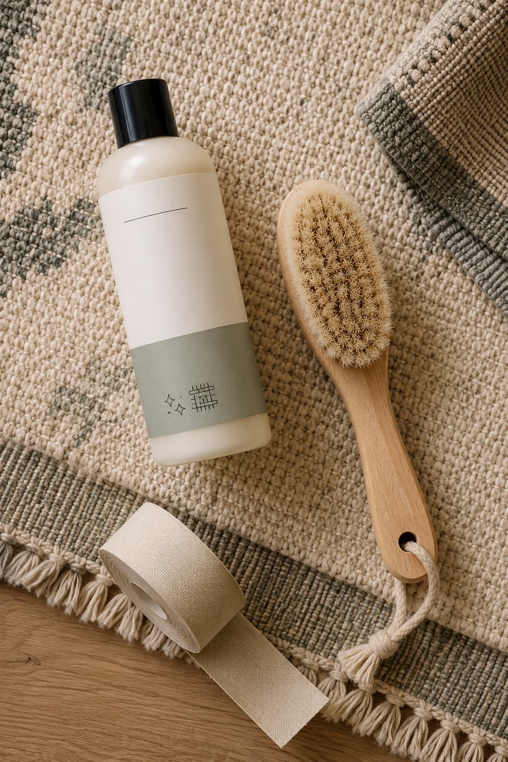 Rug Care Kit — rug cleaner + soft-bristle brush + grip fixing tape, styled in a care setting