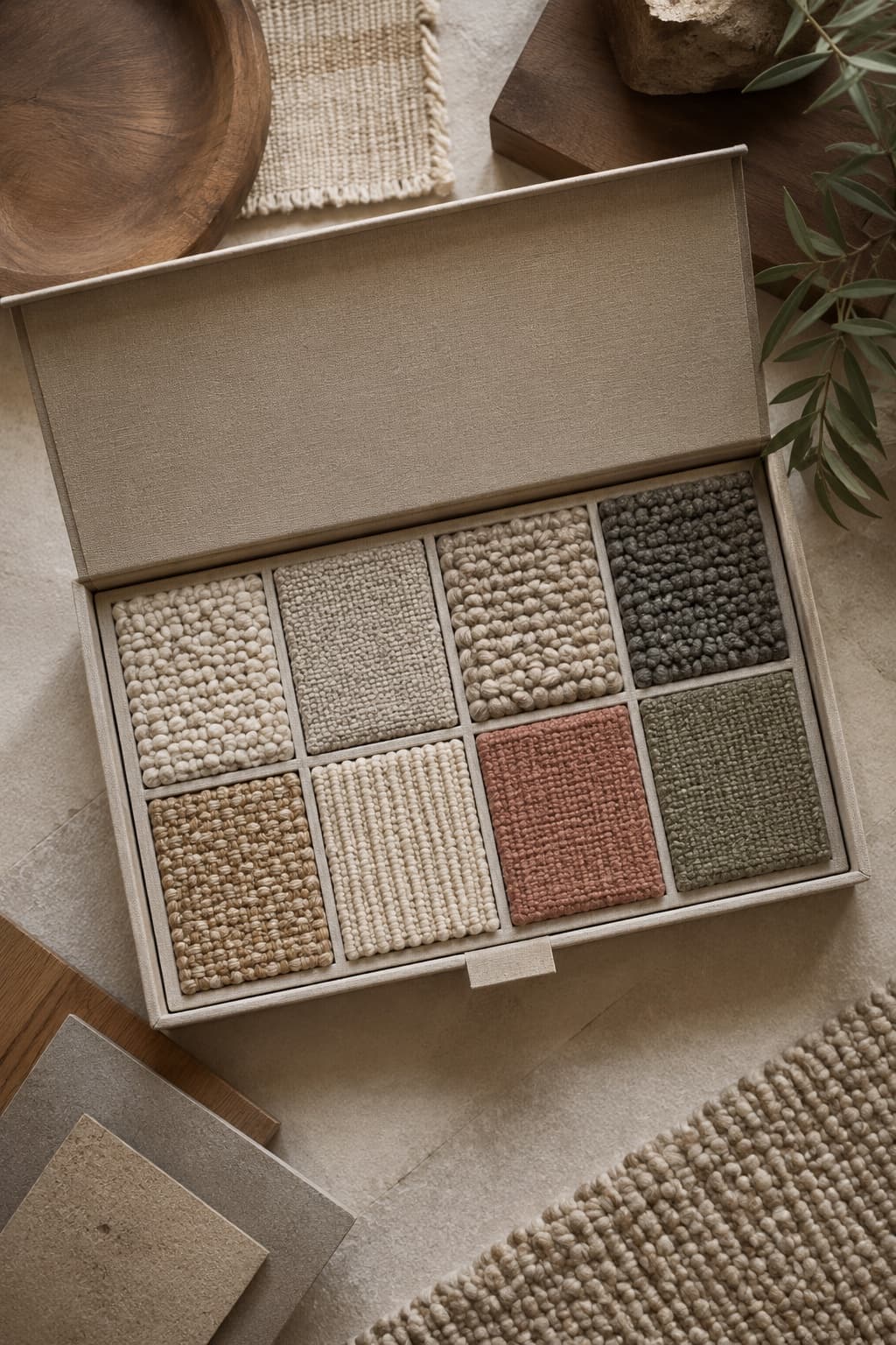 An open swatch box with eight rug fibre and colour samples arranged on a warm neutral tabletop